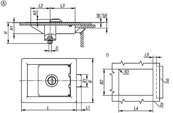 Snap locks, steel or stainless steel, with fold-down grip, mounted using a mounting bracket, Form A