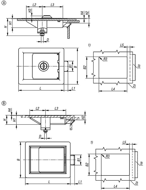 Snap locks, steel or stainless steel, with fold-down grip, mounted using a mounting bracket