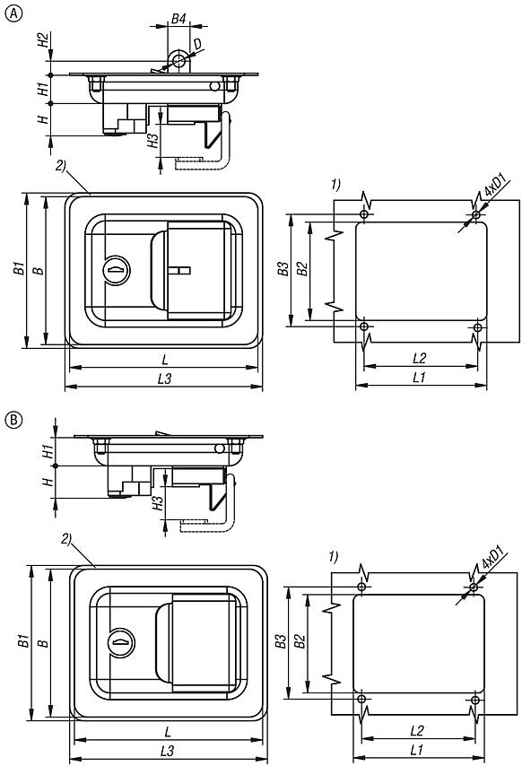 钢或不锈钢弹簧锁，带把手，铰链式