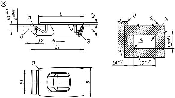 Snap locks, plastic with recessed grip, snap-in, Form B, small