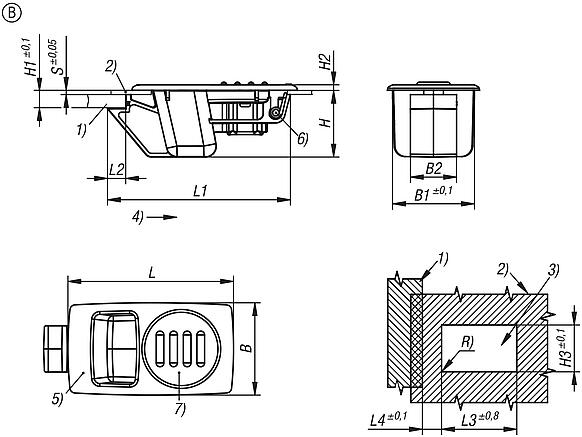 Snap locks, plastic with recessed grip, snap-in, Form B, not lockable