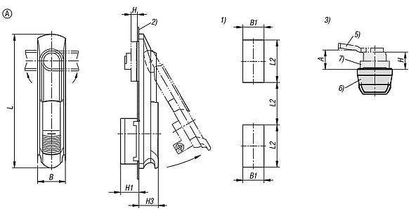 Swivel grip plastic, mounting hole square, mounting hole spacing 50x50x50 mm, with cover, with profile half-cylinder lock, Form A