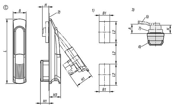 Swivel grip plastic, mounting hole square, mounting hole spacing 50x50x50 mm, with cover, without profile half-cylinder lock, Form C