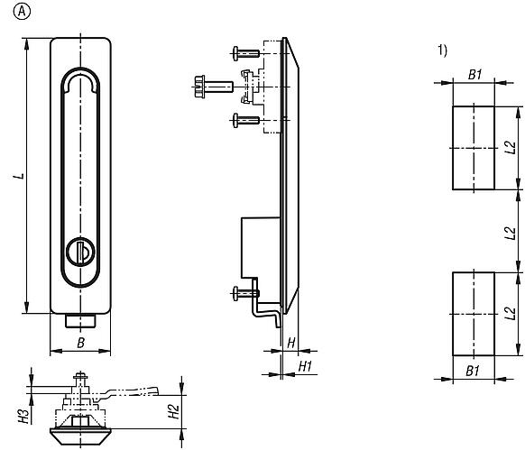 Swivel grip plastic, mounting hole square, mounting hole spacing 50x50x50 mm, with profile half-cylinder lock, Form A, for adapter