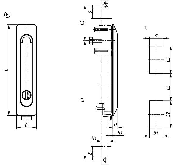 Swivel grip plastic, mounting hole square, mounting hole spacing 50x50x50 mm, with profile half-cylinder lock, Form B, for flat bars