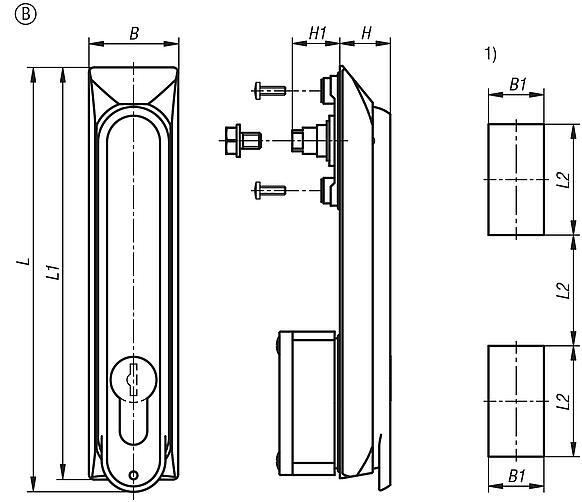 Swivel grip plastic, mounting hole square, mounting hole spacing 50x50x50 mm, with or without cover, Form B, for flat bars