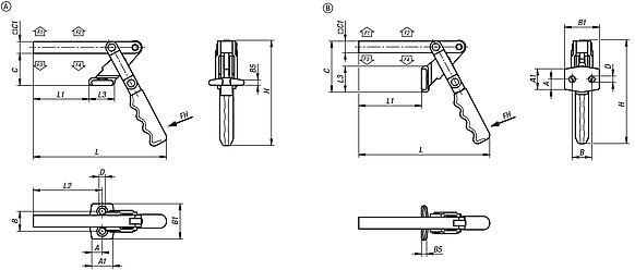 Toggle clamps, steel, horizontal with full retaining arm, 4500N