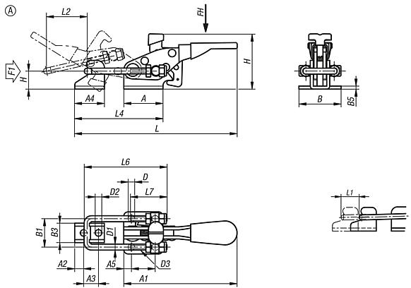 钢制或不锈钢制水平压紧式环箍夹钳，带固定夹具和安全锁，最大承重 9000N、
形式 A