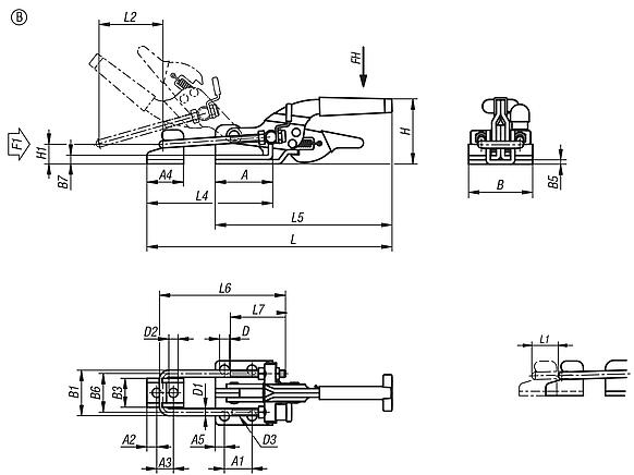 钢制或不锈钢制水平压紧式环箍夹钳，带固定夹具和安全锁，最大承重 9000N、
形式 B