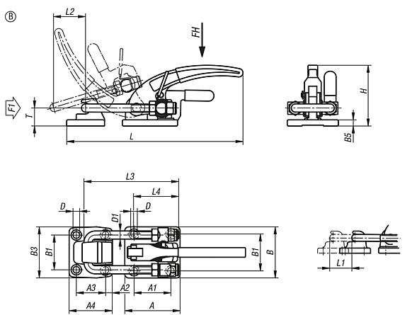 钢制或不锈钢制水平压紧式环箍夹钳，重型设计，带固定夹具和安全锁，最高 34000N，B 型