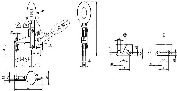 Toggle clamps vertical with straight foot and adjustable clamping spindle, stainless steel