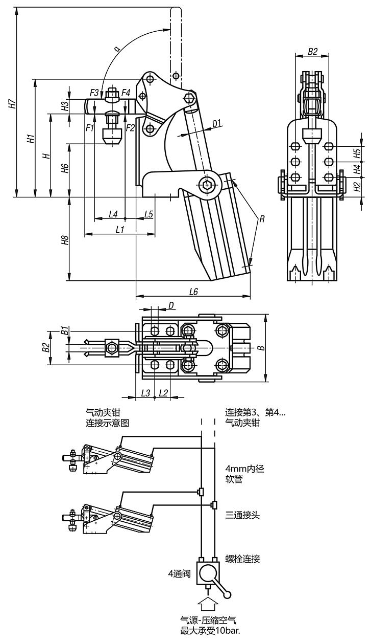 带垂直气缸附件的垂直气动夹钳，镀锌钢杠杆部件
