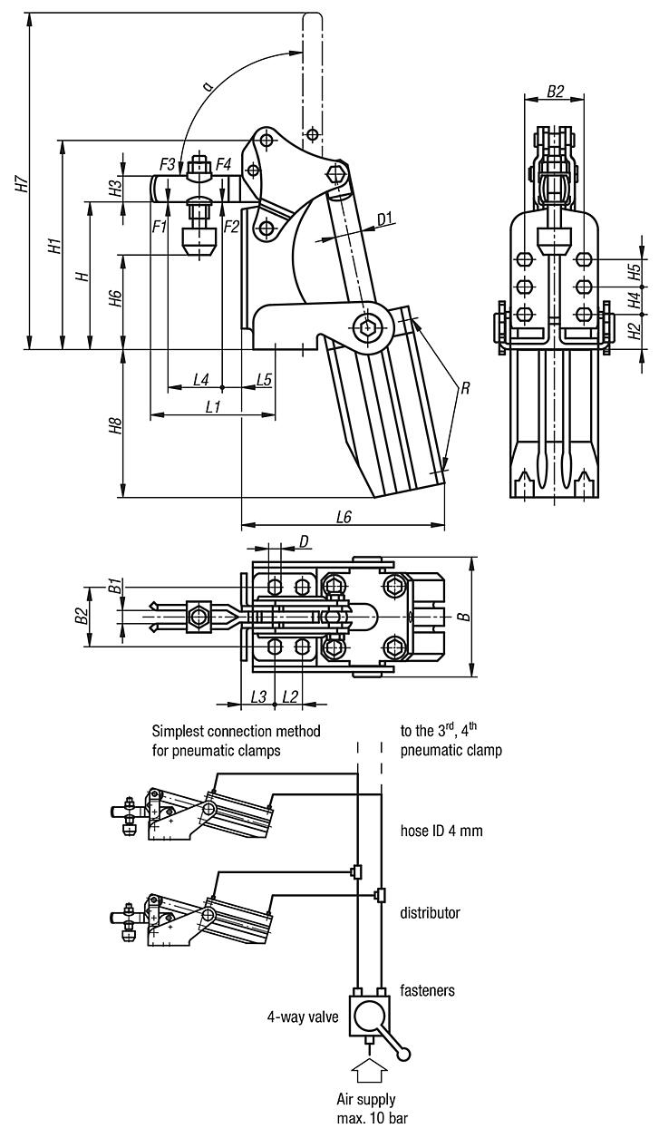 Pneumatic clamps, vertical with vertical cylinder attachment, lever parts electro zinc-plated steel