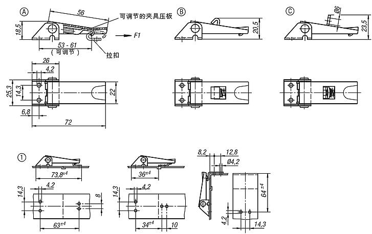 带金属拉环的钢制或不锈钢可调搭扣，承载力可达 1000 N，能看到旋拧孔，短款