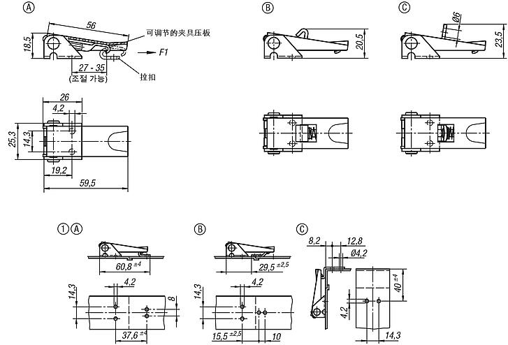 带金属拉环的钢制或不锈钢可调搭扣，承载力可达 1000 N，隐蔽式旋拧孔，短款
