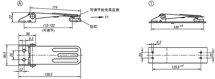 带金属拉环的钢制或不锈钢可调搭扣，承载力可达 4000 N，能看到旋拧孔，长款，样式 A，标准型