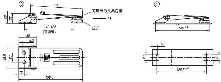 带金属拉环的钢制或不锈钢可调搭扣，承载力可达 4000 N，能看到旋拧孔，长款，样式 B，带锁扣
