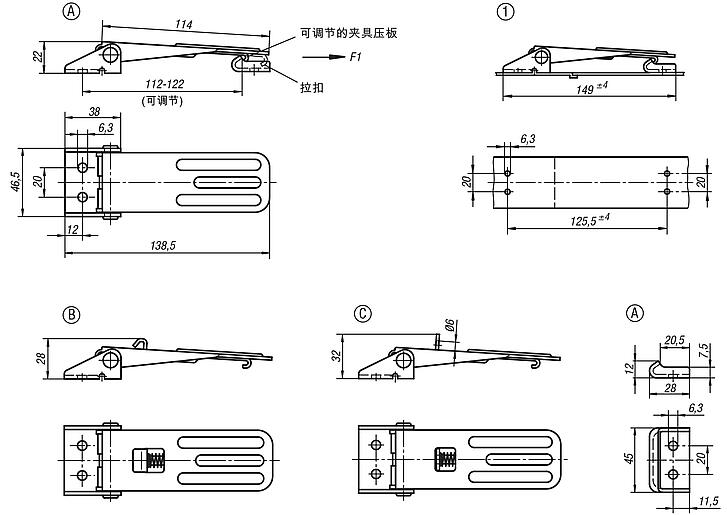 带金属拉环的钢制或不锈钢可调搭扣，承载力可达 4000 N，能看到旋拧孔，长款