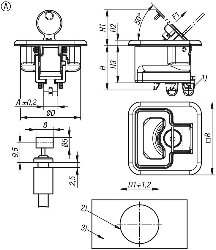 Snap locks stainless steel with Bowden cable connection and grip, fold-down, Form A