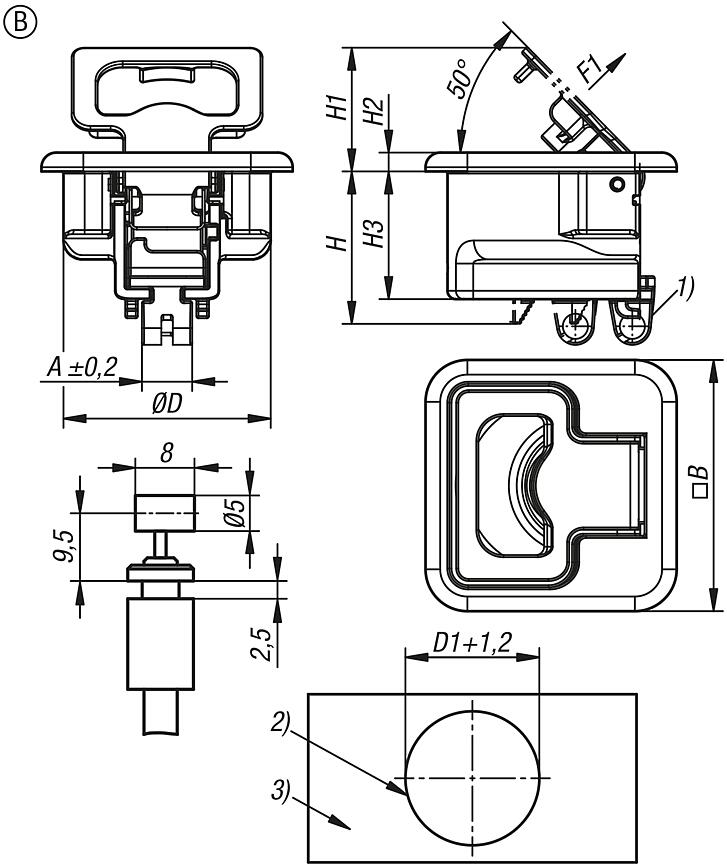 Snap locks stainless steel with Bowden cable connection and grip, fold-down, Form B