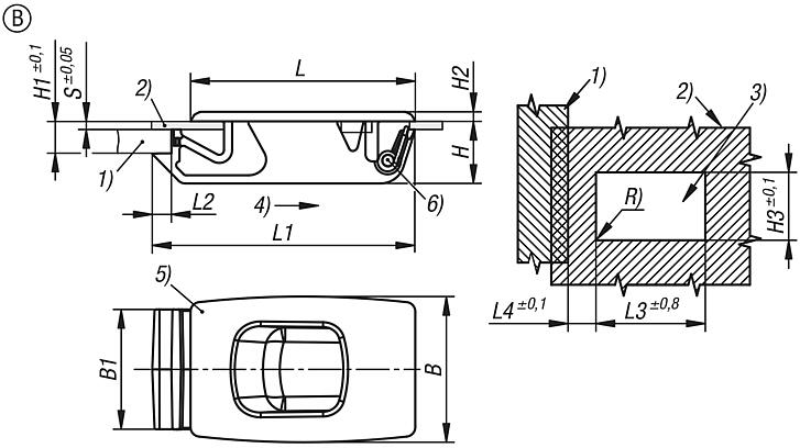 Snap locks, plastic with recessed grip, snap-in, Form B, small