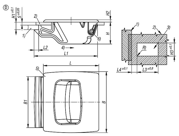 Snap locks, plastic with recessed grip, snap-in, Form D, large