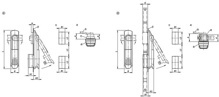 Swivel grip plastic, mounting hole square, mounting hole spacing 50x50x50 mm, with cover, with or without profile half-cylinder lock