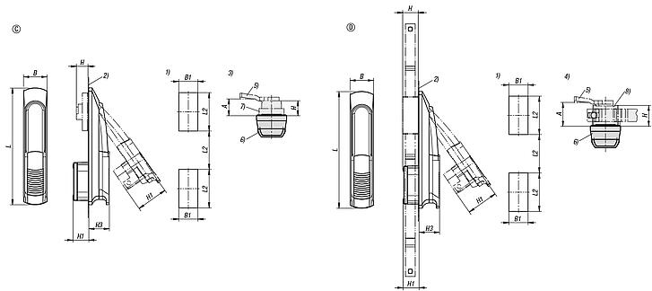 Swivel grip plastic, mounting hole square, mounting hole spacing 50x50x50 mm, with cover, with or without profile half-cylinder lock