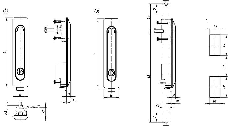 Swivel grip plastic, mounting hole square, mounting hole spacing 50x50x50 mm, with profile half-cylinder lock