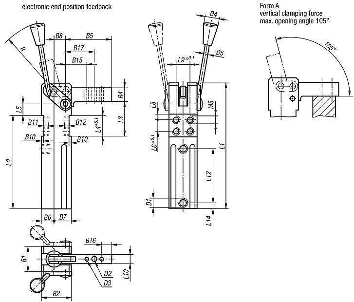 Mini clamps manual operated, with electronic end position feedback (magnetic switch)