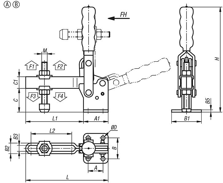 Toggle clamps, steel, black, vertical with horizontal foot and adjustable clamping spindle, Form A, small