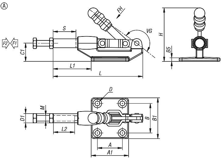 Push-pull toggle clamps, steel, retaining force up to 6675 N, Form A