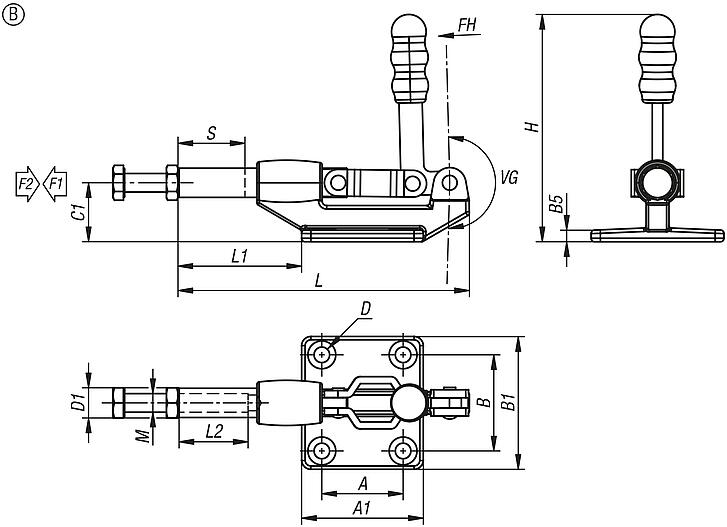 Push-pull toggle clamps, steel, retaining force up to 6675 N, Form B