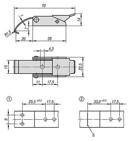 钢制或不锈钢弹片搭扣，承载力可达 500 N，带隐藏式旋拧孔