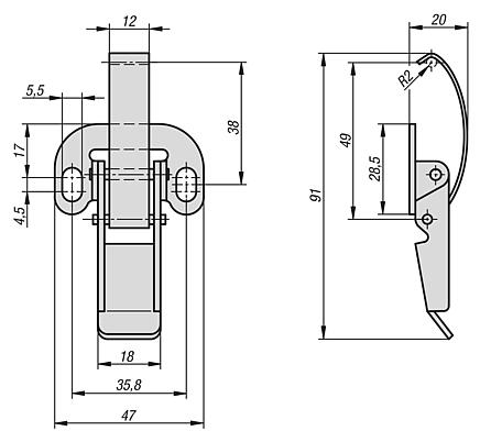 钢制或不锈钢弹片搭扣，承载力可达 1300 N，侧面旋拧孔