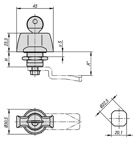 带蝶形旋钮的旋转锁销，外壳直径 30.5 mm