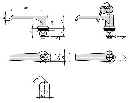 带 L 型把手的不锈钢 1.4401 旋转锁销，可锁定式，外壳直径 32 mm
