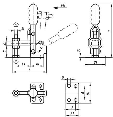 Toggle clamps mini vertical with flat foot and fixed clamping spindle