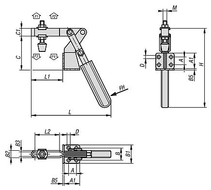 钢制快速夹钳，水平放置，带角度脚和可调压力杆 1000N