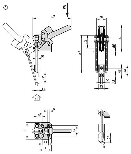 钢制或不锈钢制压紧式环箍夹钳，立式，带固定夹具和安全锁，最大承重 9000N