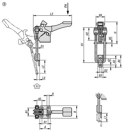 钢制或不锈钢制压紧式环箍夹钳，立式，带固定夹具和安全锁，最大承重 9000N