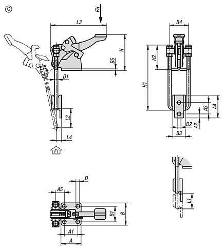 钢制或不锈钢制压紧式环箍夹钳，立式，带固定夹具和安全锁，最大承重 9000N