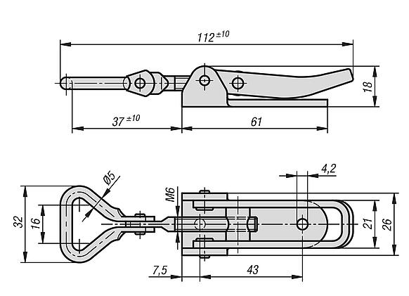 带活动三角拉环的钢制或不锈钢可调搭扣，承载力可达 1000 N，能看到旋拧孔