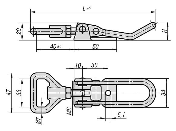 带三角拉环的钢制或不锈钢可调搭扣，承载力可达 6500 N，能看到旋拧孔