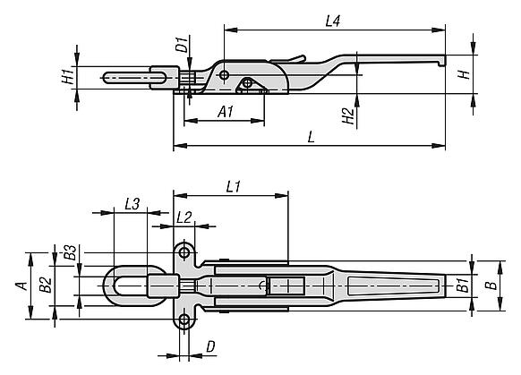 带拉环的钢制或不锈钢可调搭扣，承载力可达 30500N，侧面旋拧孔，重型