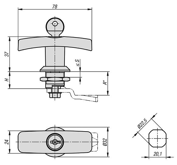 带锌制 T 型把手的旋转锁销，外壳直径 32 mm