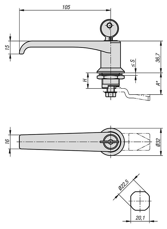 带锌制 L 型把手的旋转锁销，外壳直径 32 mm