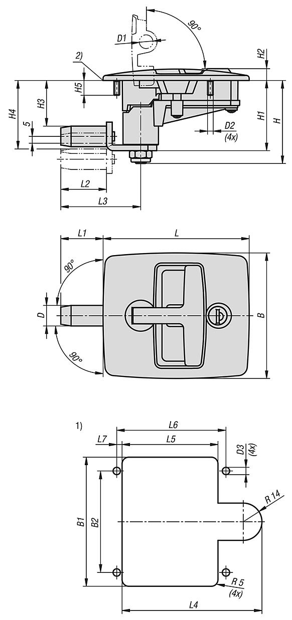 带 T 型把手的塑料压缩旋转锁闩，固定式