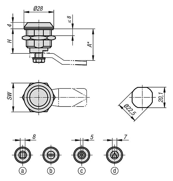 不锈钢旋转锁销 1.4305，外壳直径 28 mm
