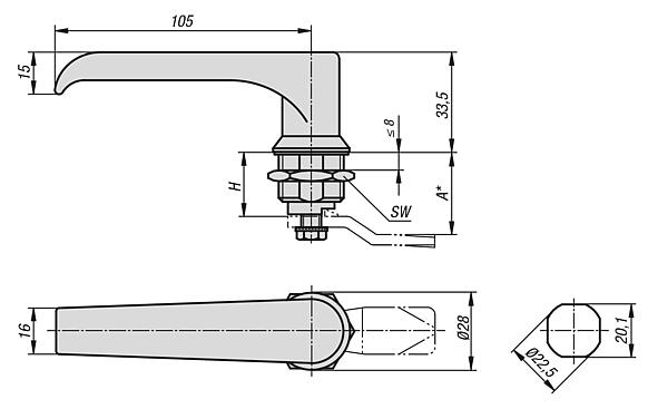 带 L 型把手的不锈钢 1.4301 旋转锁销，外壳直径 28 mm